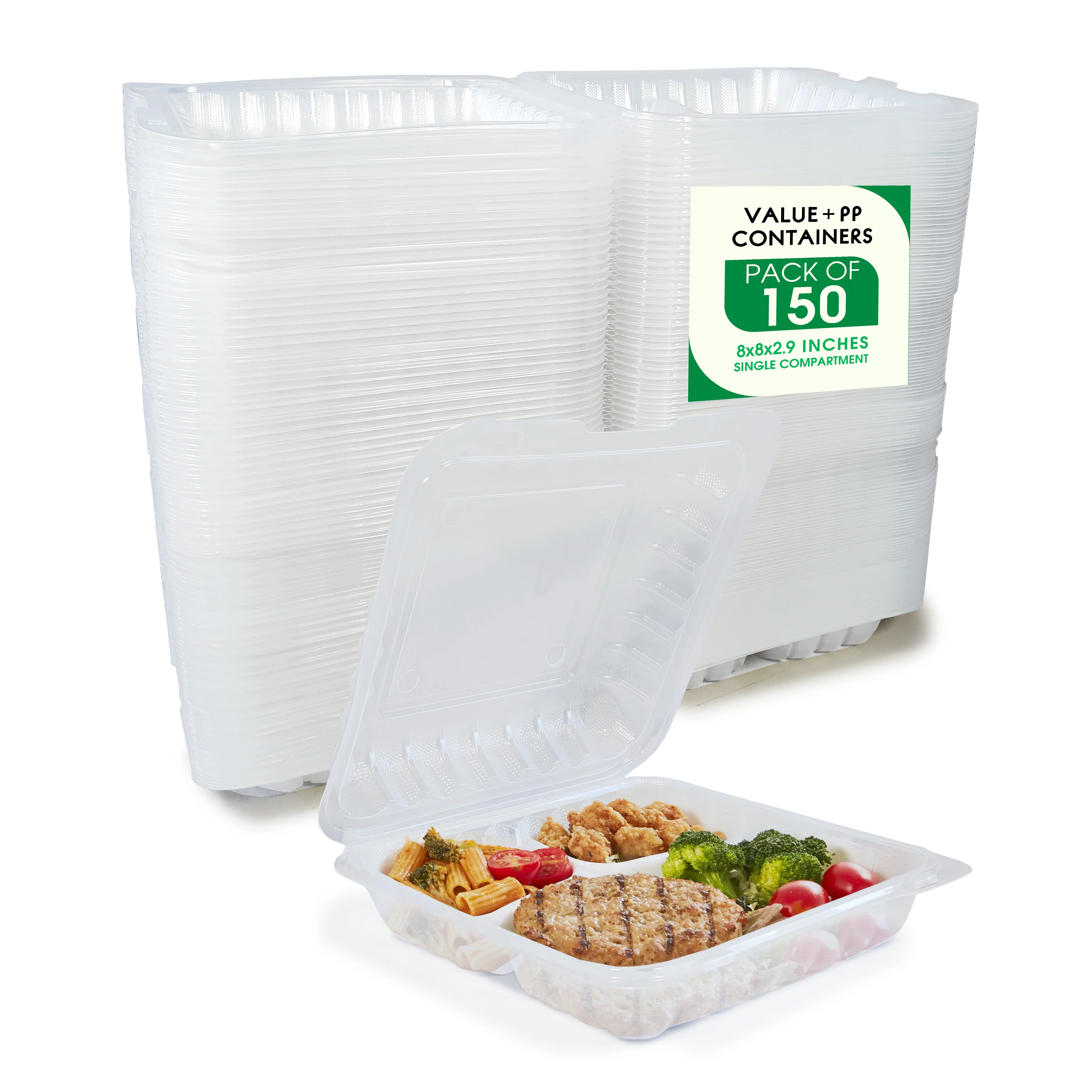 Value+ - PP-883C-VH Premium Food Container 8x8x2.9" 3 Compt. Clear