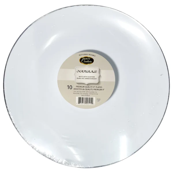 Naturale - 9" White Plate W/ Silver Rim 10PK